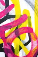 Graffiti spray paint art in neon yellow, pink, black. Funky 80s street style, vibrant waves, urban design. Background, texture, digital art, creative banner, modern 90s summer visuals.