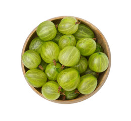 Fresh green gooseberries in bowl isolated on white, top view