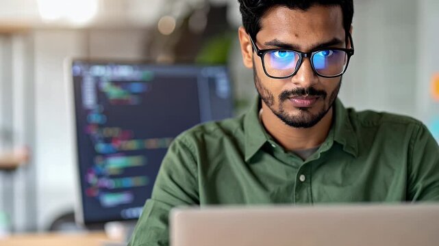 Focused male programmer working on computer in modern office with coding on screen