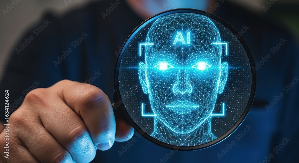 Poster man analyzing a glowing ai facial recognition mesh hologram with a magnifying glass.