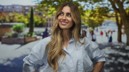 Young blonde woman with long hair hands on hips smiling in a sunlit city courtyard plaza;...
