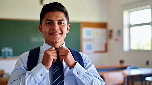 Confident young man in formal attire adjusting tie in classroom setting with natural light
