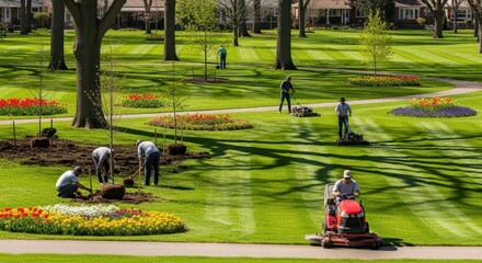 Team of landscapers planting flowers and mowing the lawn in a sunny suburban park in springtime.
