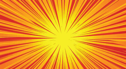 Obraz premium Dynamic radial sunburst background with yellow and red speed lines for a comic book effect.