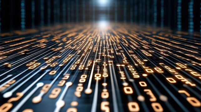 Digital data stream visualized with glowing binary code flowing through dark corridor