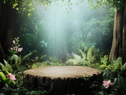 premium quality visual of Fantasy themed podium product display background set in a lush enchanted forest. high detail 8k - Powered by Adobe