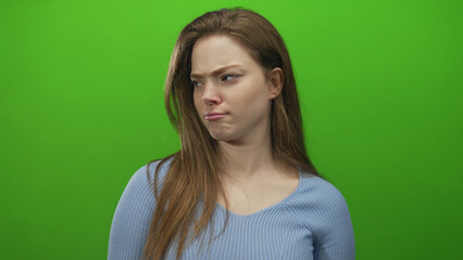 Woman wearing blue top scowls with pouty lips and long hair and turns head sideways in green...