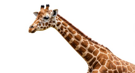 Close up of a giraffes head and neck isolated on white background