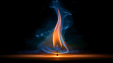 Burning matchstick with colorful flame and smoke on black background