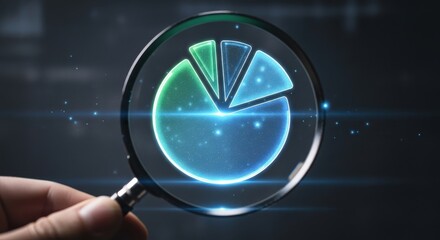 Business data analysis concept with a magnifying glass examining a glowing pie chart.