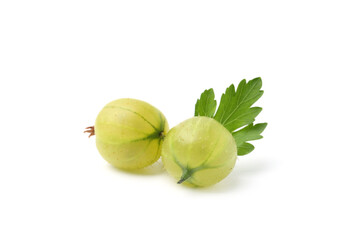 Fresh ripe green gooseberries with leaf isolated on white