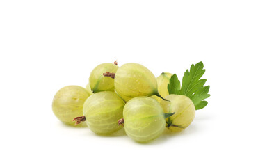 Fresh ripe green gooseberries with leaf isolated on white