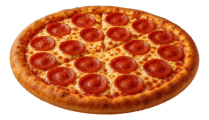 Classic pepperoni pizza with melted cheese and a golden-brown crust, topped with evenly spaced pepperoni slices on transparent background.