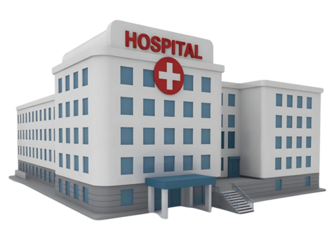 3d modern hospital building with red sign on transparent background 