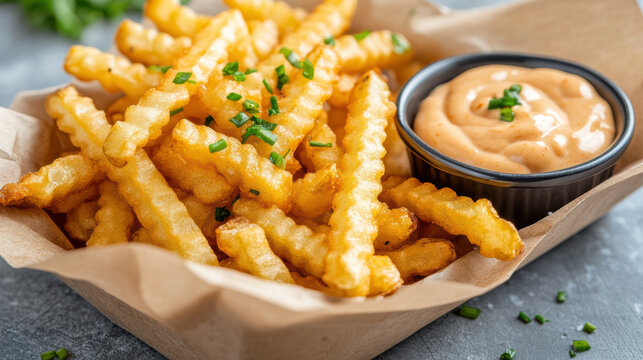 Crispy crinkle cut fries served with creamy dipping sauce, perfect for sharing