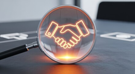 Magnifying glass examining a glowing orange handshake icon on a desk, a business deal concept