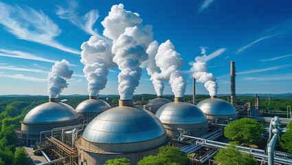 Industrial chimneys release towering flames beneath a dramatic sky, showcasing intense energy and power while symbolizing environmental impact concerns.