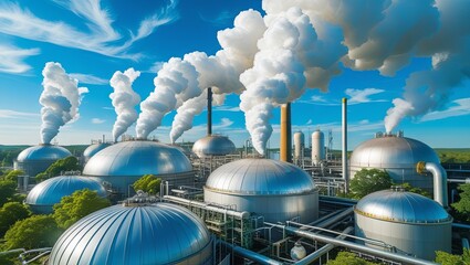 Industrial chimneys release towering flames beneath a dramatic sky, showcasing intense energy and power while symbolizing environmental impact concerns.