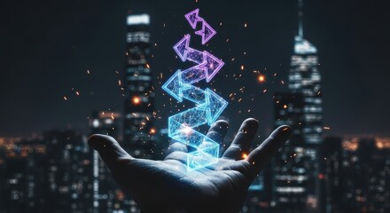 Digital progress concept with a hand holding a glowing 3D hologram of rising arrows over a city.