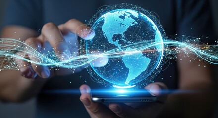 Man holding a smartphone projecting a glowing digital world with futuristic network data.