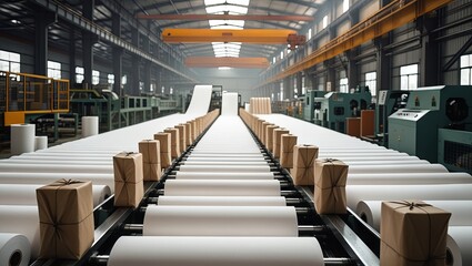 Fototapeta premium he paper manufacturing process in a factory displays large rolls of white paper being produced, highlighting the efficiency of modern industrial machines and the concept of mass production