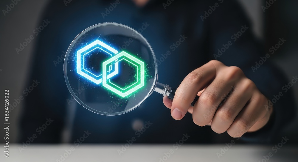 Aufkleber close-up of a hand using a magnifying glass to inspect a glowing blockchain technology icon