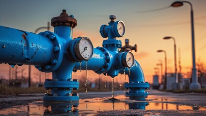blue industrial water pipe with valves leaking droplets at dusk, illustrating urban infrastructure, upkeep, and the concept of effective water management