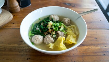 A high-resolution top-down image of Indonesian bakso (meatball soup) served with beef broth, meatballs, noodles, and vermicelli in a white bowl