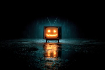 Halloween-themed vintage TV with spooky face glowing in darkness