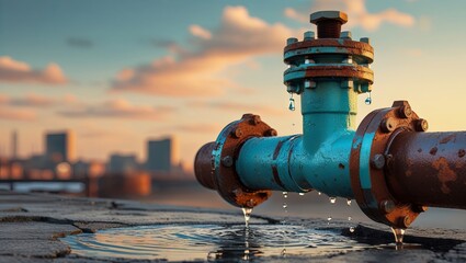 blue industrial water pipe with valves leaking droplets at dusk, illustrating urban infrastructure, upkeep, and the concept of effective water management