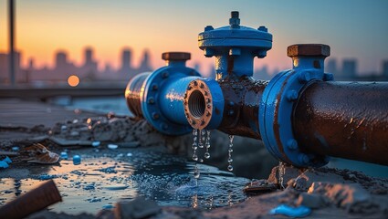 blue industrial water pipe with valves leaking droplets at dusk, illustrating urban infrastructure, upkeep, and the concept of effective water management
