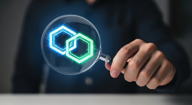 Close-up of a hand using a magnifying glass to inspect a glowing blockchain technology icon