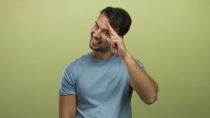 Young hispanic man saluting playfully with fingers on forehead, smiling against an isolated yellow...