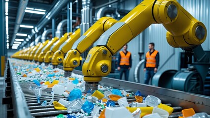 Yellow robotic arms sort plastic waste on a conveyor belt in a recycling plant, boosting efficiency and supporting eco-friendly practices.