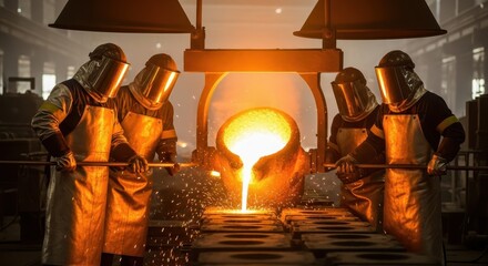 Foundry workers in protective gear pouring glowing molten metal from a large crucible