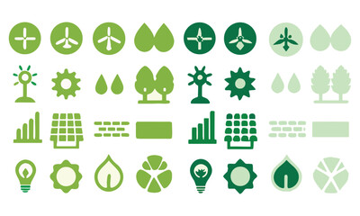 Green Energy and Nature Icons Wind, Solar, Leaf, Eco, and Sustainability Vector Set