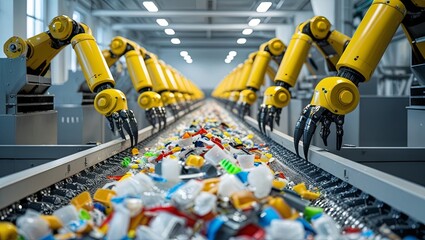 Yellow robotic arms sort plastic waste on a conveyor belt in a recycling plant, boosting efficiency and supporting eco-friendly practices.