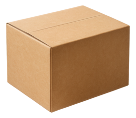 Large closed brown cardboard box for shipping or storage on transparent background.