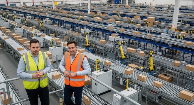 Two male managers in safety vests overseeing an automated warehouse with conveyor belts