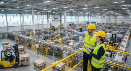 Two managers in hard hats overseeing an automated warehouse with robotic arms and conveyor belts.