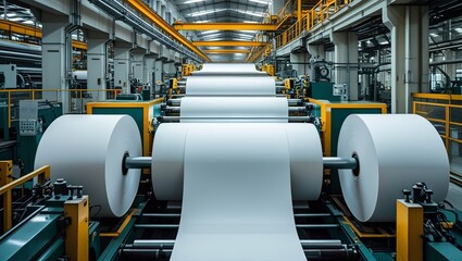 The paper manufacturing process in a factory displays large rolls of white paper being produced, highlighting the efficiency of modern industrial machines and the concept of mass production