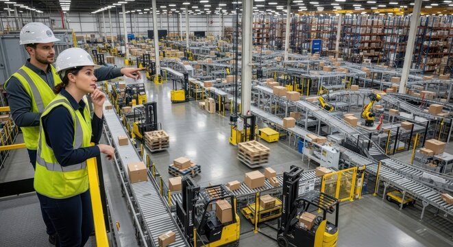 Supervisors in safety helmets observing a busy automated warehouse with forklifts and conveyors.