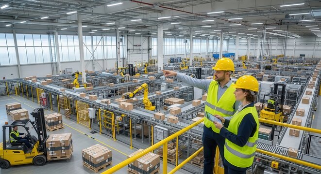 Two managers in hard hats overseeing an automated warehouse with robotic arms and conveyor belts.