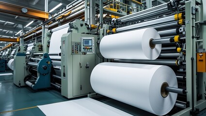 The paper manufacturing process in a factory displays large rolls of white paper being produced, highlighting the efficiency of modern industrial machines and the concept of mass production