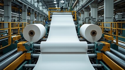 The paper manufacturing process in a factory displays large rolls of white paper being produced, highlighting the efficiency of modern industrial machines and the concept of mass production