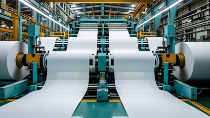 The paper manufacturing process in a factory displays large rolls of white paper being produced, highlighting the efficiency of modern industrial machines and the concept of mass production