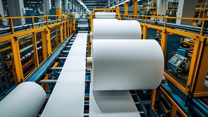 The paper manufacturing process in a factory displays large rolls of white paper being produced, highlighting the efficiency of modern industrial machines and the concept of mass production