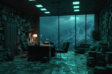 Moody office space with mountain view and cluttered bookshelves
