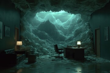 Dramatic office scene with paper avalanche and dim lighting