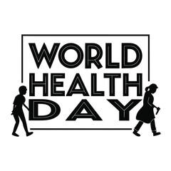 Black silhouette of a child and an elderly person walking next to bold text for World Health Day healthcare